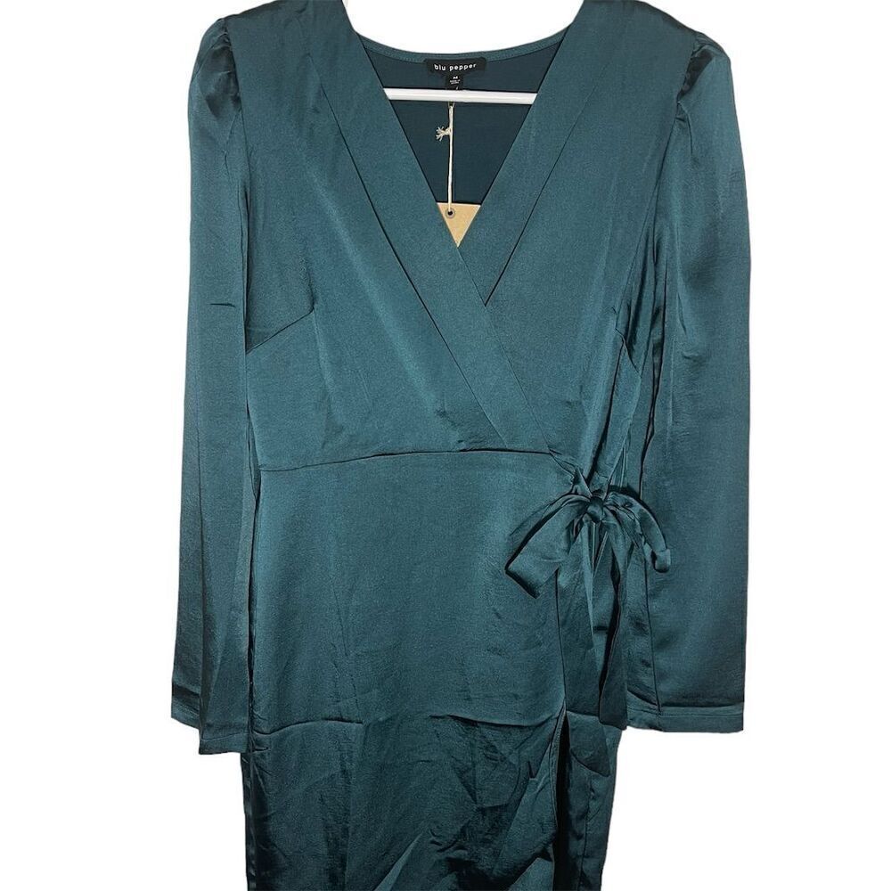Blu Pepper Satin Surplice Wrap Mini Dress Dark Teal V-Neck Long Sleeve Size M